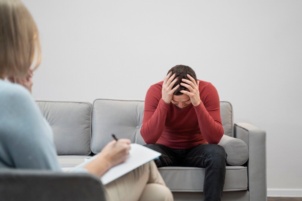 Man stressed during a therapy session.