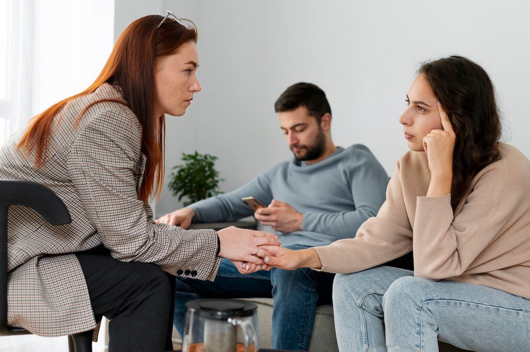 Three people in a serious conversation.
